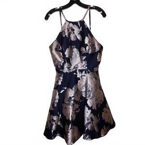 Xscape high neck navy silver cocktail dress fit and flare Size 10 NWT